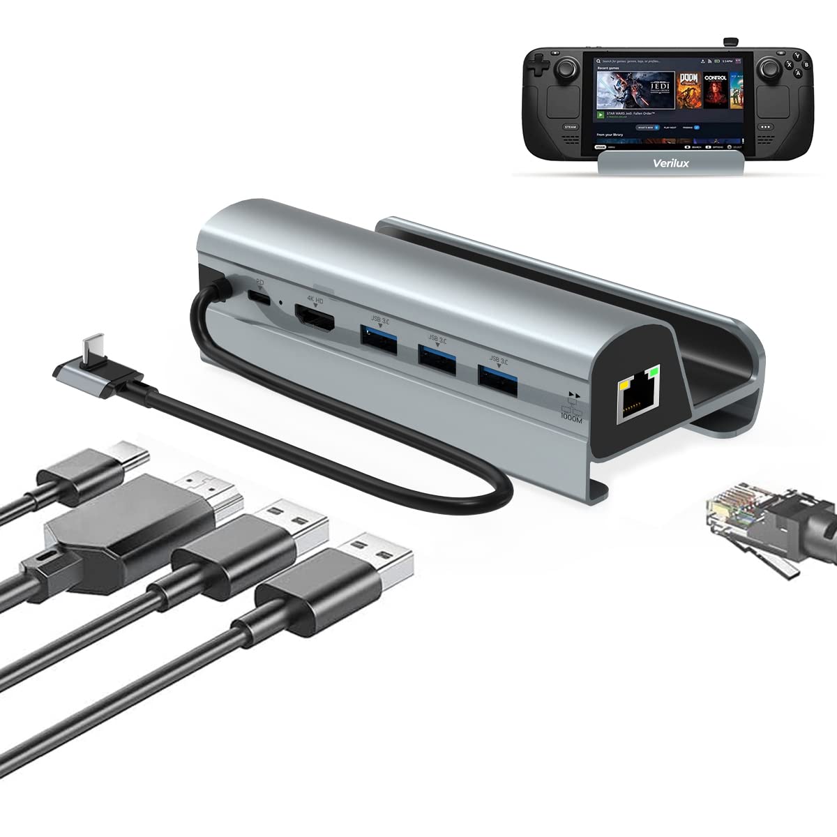 Verilux Multipurpose Gaming Steam Deck Steam Dock Station 6 in 1 Steam Dock USB Hub with HDMI 2.0 4K@30Hz, Gigabit Ethernet, USB Port for Charging, Data Transfer Verilux Multipurpose Gaming Steam Deck Steam Dock Station 6 in 1 Steam Dock USB Hub with HDMI 2.0 4K@30Hz, Gigabit Ethernet, USB Port for Charging, Data Transfer